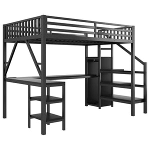 English Elm Metal Full Loft Bed with L Shaped Desk Wardrobe Rgb Lighting and Usb Charging Black W2593S00053