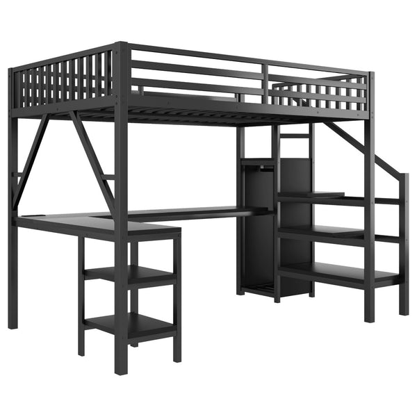 English Elm Metal Full Loft Bed with L Shaped Desk Wardrobe Rgb Lighting and Usb Charging Black W2593S00053