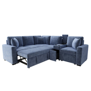 English Elm 120.5" L-shaped Convertible Sofa Bed Modular Sectional with Pull-Out Sleeper, Chenille, Storage, Cup Holders Blue N719S001940C