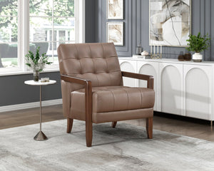 English Elm Modern Tufted Leather Accent Chair with Walnut Wood Frame, Upholstered Seat, Compact Stylish Design Brown 28 L x 21 W x 25.75 H B011P271923
