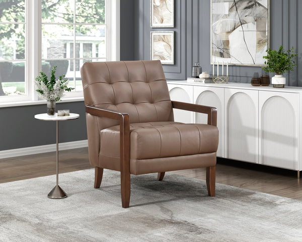 English Elm Modern Tufted Leather Accent Chair with Walnut Wood Frame, Upholstered Seat, Compact Stylish Design Brown 28 L x 21 W x 25.75 H B011P271923