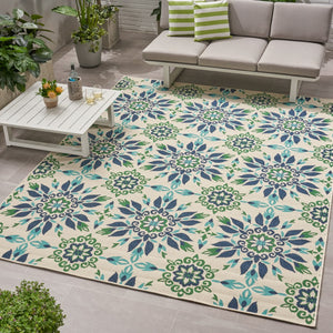 Christopher Knight Home® - Noble House - Gladis Outdoor 7'10" X 10' Medallion Area Rug, Ivory and Blue