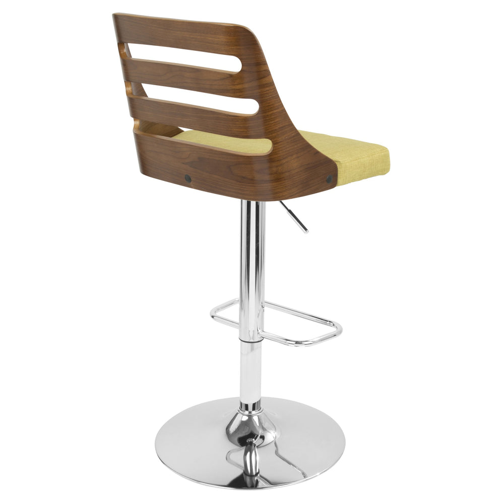 English Elm Trevi Mid-Century Modern Adjustable Swivel Barstool in Green Fabric with Bent Walnut Backrest, Height-Adjustable B202P222475