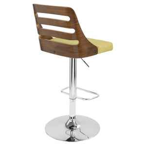 English Elm Trevi Mid-Century Modern Adjustable Swivel Barstool in Green Fabric with Bent Walnut Backrest, Height-Adjustable B202P222475