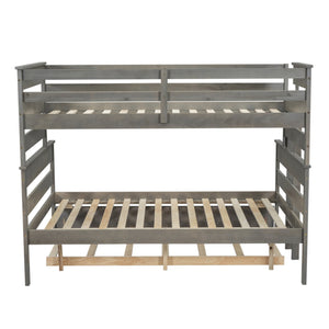 English Elm Wood Twin over Full Bunk Bed with Twin Trundle – Space-Saving Pine/MDF Triple Bed, Sturdy & Safe Design Grey GX000448AAE-1