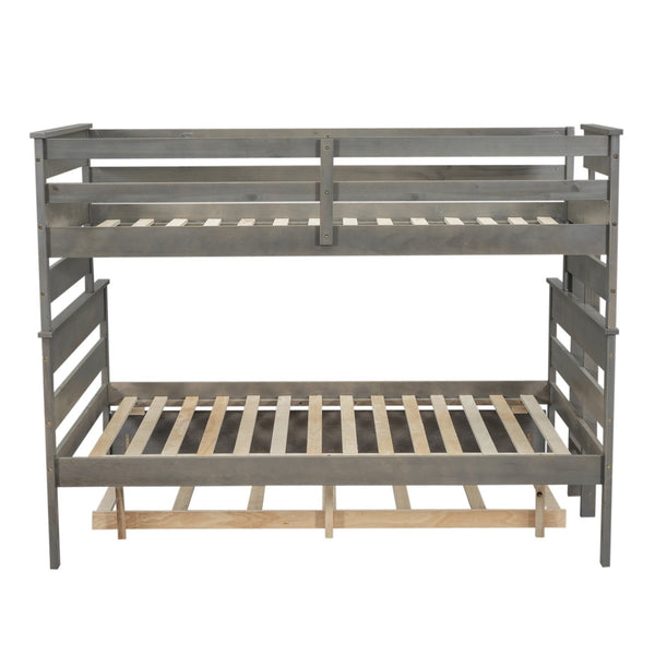 English Elm Wood Twin over Full Bunk Bed with Twin Trundle – Space-Saving Pine/MDF Triple Bed, Sturdy & Safe Design Grey GX000448AAE-1