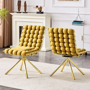 English Elm Set of 2 Dutch Velvet Bubble Backrest Dining Chairs with Sculptural Tufted Design Gold,Yellow W3875P370841