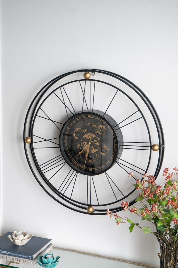 English Elm 31.5x3x31.5" Large Gear Clock with Roman Numerals, Thin Black Iron Frame and Gold Accents, Silent Moving Gears for Living Room Statement Piece W2078P373017