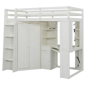 English Elm Twin Loft Bed with Wardrobe Desk Charging Station and Spotlights for Small Rooms Beige White LT000450AAK