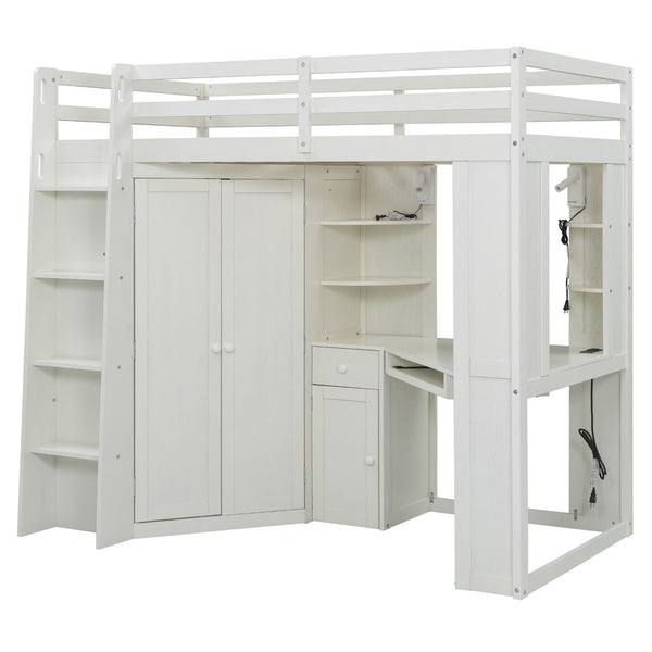 English Elm Twin Loft Bed with Wardrobe Desk Charging Station and Spotlights for Small Rooms Beige White LT000450AAK