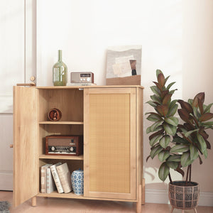 English Elm Mid-Century Woven Rattan Door Storage Cabinet with Adjustable Shelves and Solid Wood Legs, Stylish and Functional Natural 35.4 L x 18.5 W x 6.3 H W3151P288911