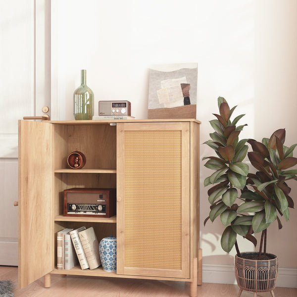 English Elm Mid-Century Woven Rattan Door Storage Cabinet with Adjustable Shelves and Solid Wood Legs, Stylish and Functional Natural 35.4 L x 18.5 W x 6.3 H W3151P288911