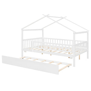 English Elm Full Size Pine House Bed with Roofline Frame and Roll Out Twin Trundle for Kids LP100306AAK