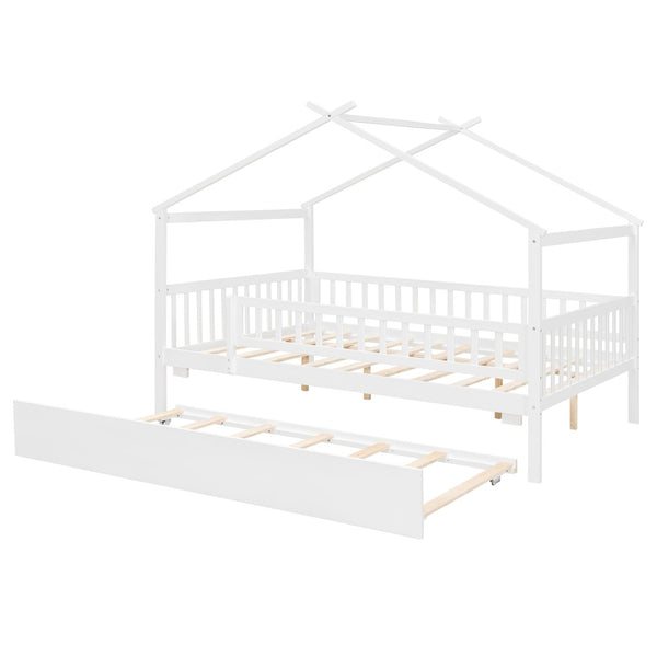 English Elm Full Size Pine House Bed with Roofline Frame and Roll Out Twin Trundle for Kids LP100306AAK