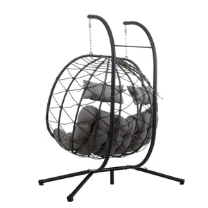 English Elm 2 Person Wicker Hanging Egg Chair with Freestanding Stand Outdoor Patio Swing Seat Light Gray W1703P444369