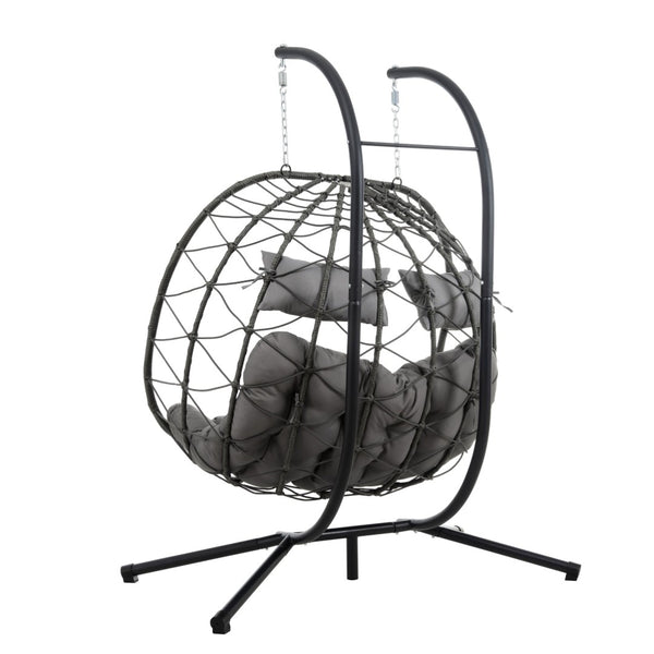 English Elm 2 Person Wicker Hanging Egg Chair with Freestanding Stand Outdoor Patio Swing Seat Light Gray W1703P444369