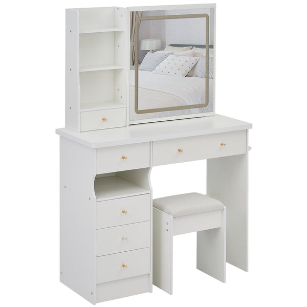 English Elm 37" Vanity Table Set with Led Mirror Stool Built-in Outlets and Hair Dryer Storage White W3258P448842