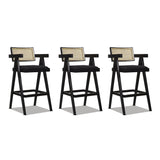 English Elm Milan 29.5" Modern Resin Webbing Back Bar Stool With Arms, Set Of 3, Ebony Black Boucle