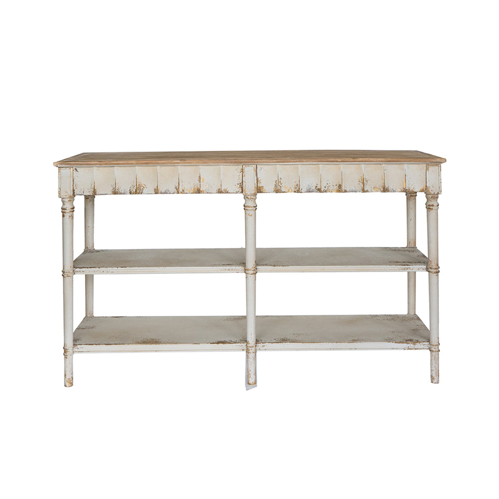 English Elm 63x19.5x35.5" Three-Tiered Wooden Console Table with Distressed White-Beige Farmhouse Charm, Scalloped Trim W2078P350815