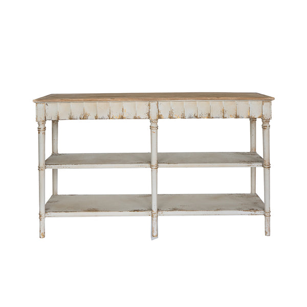 English Elm 63x19.5x35.5" Three-Tiered Wooden Console Table with Distressed White-Beige Farmhouse Charm, Scalloped Trim W2078P350815