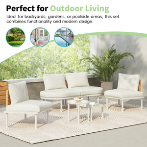 English Elm TOPMAX 6-Piece Modular Patio Sofa Set with 2 High-Low Coffee Tables, PE Wicker, Tempered Glass, Cushioned Comfort and Versatile Outdoor Configuration Beige SP100028AAA