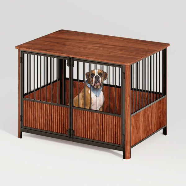 English Elm 43'' Walnut Fluted Wood Dog Crate Doubles as End Table for Medium and Large Pets W1820P336034
