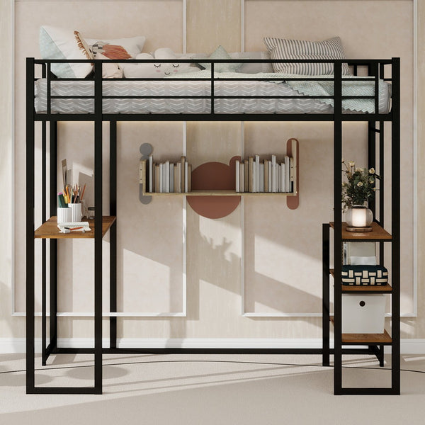 English Elm Iron framed bunk bed with L-shaped study desk and dual-side stairs, space-saving durable design Black W1935P330795