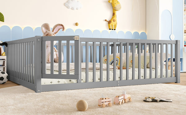 English Elm Queen Kids Floor Bed Pine Wood Frame with Safety Rails Door and Low Profile Design Gray W1580P418053