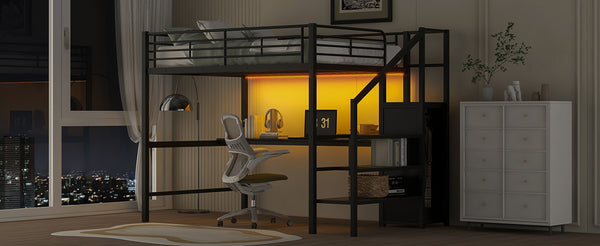 English Elm Full Size Metal Loft Bed With Desk, Storage Staircase, Wardrobe & Led Light - Space-Saving Design GX000620AAD