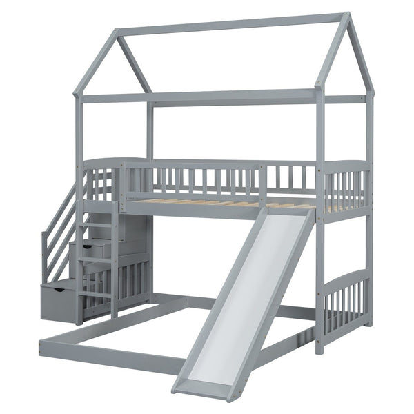 English Elm Twin Over Full Bunk Bed Playhouse Frame with Slide Staircase and Storage Drawers LT100129AAE
