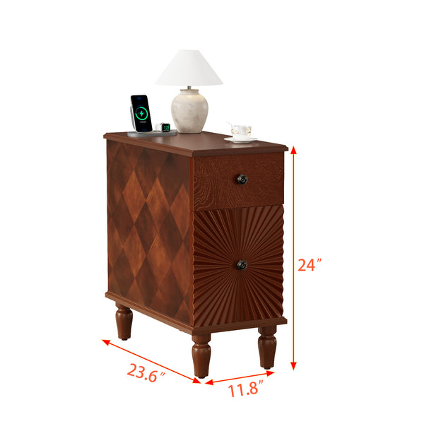 English Elm 2 Drawer Modern Sofa Side Table with Charging Station, Walnut Slim Nightstand with 2 AC/2 USB, 2 Drawers, Fully Assembled W2593P289143