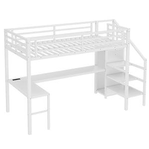 English Elm Twin Xl Loft Bed With L-Shaped Desk, Wardrobe & Usb Ports - Modern Space-Saving Design For All Ages W1580S00134-GIGA