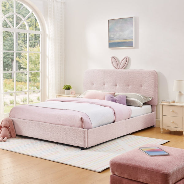 English Elm Queen Boucle Upholstered Kids Bed with Rabbit Ear Headboard Led Lighting Storage Drawers Pink W1413P384926