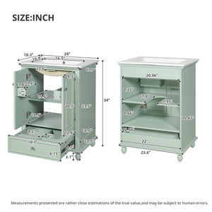 English Elm 24'' French Style Bathroom Vanity with Ceramic Sink Soft Close Cabinet and Drawer Green N710P411227F