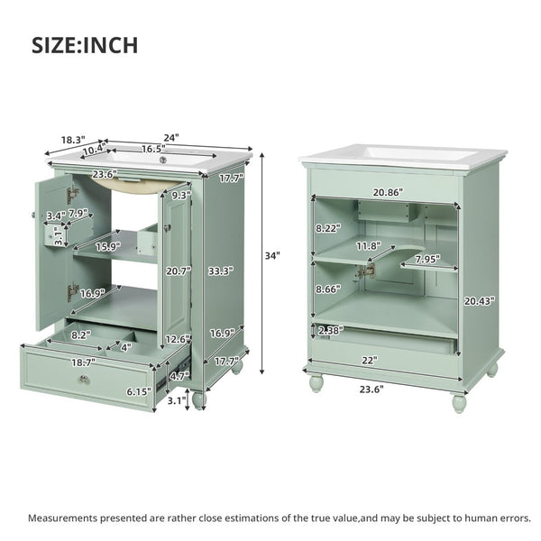English Elm 24'' French Style Bathroom Vanity with Ceramic Sink Soft Close Cabinet and Drawer Green N710P411227F