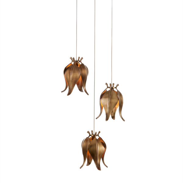 Iota Round Multi-Drop Pendant Light - Elegant Antique Brass Flower Bud Design for Modern Spaces