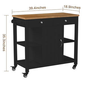 English Elm 40" Kitchen Island Cart with Solid Rubber Wood Top, Locking Casters, Drawers & Towel Rack Black T3771P372625