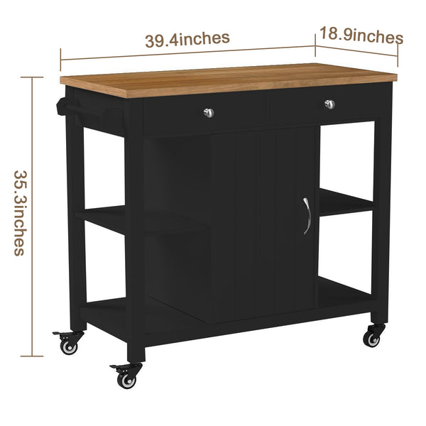 English Elm 40" Kitchen Island Cart with Solid Rubber Wood Top, Locking Casters, Drawers & Towel Rack Black T3771P372625