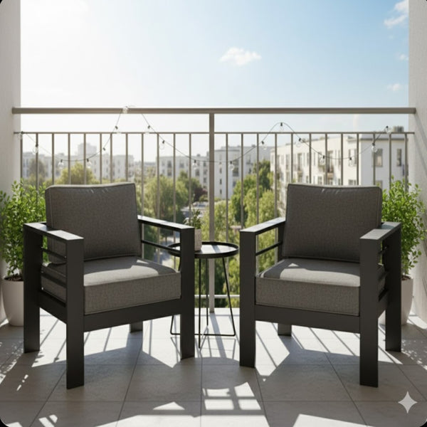 English Elm Set of 2 Outdoor Iron Armchairs with Olefin Cushions for Patio Resort Lounging Black+Grey B082P455107