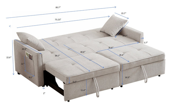 English Elm 3 Convertible Sleeper Sofa Bed with Pull-Out Chaise, Storage Armrests & Pockets, Compact Loveseat Couch Beige W2318P265839