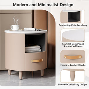 English Elm Christopher Knight Home® - Contemporary Round Nightstand with Drawer & Open Shelf, Curved Bedside Table with Leather Handles khaki 22 L x 22 W x 19.75 H N761P285708M