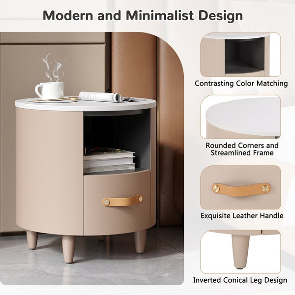 English Elm Christopher Knight Home® - Contemporary Round Nightstand with Drawer & Open Shelf, Curved Bedside Table with Leather Handles khaki 22 L x 22 W x 19.75 H N761P285708M