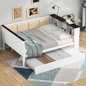 English Elm Twin Pine Wood Daybed with Trundle Upholstered Backrest Storage Shelf and Usb Port N7090002233K