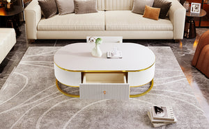 English Elm Modern Oval Coffee Table with Drawers and Gold Base, High-Gloss White Finish, Durable 47.2" Centerpiece N735P192897K