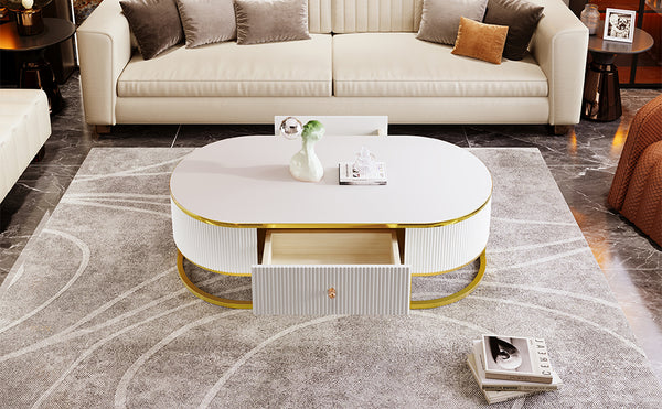 English Elm Modern Oval Coffee Table with Drawers and Gold Base, High-Gloss White Finish, Durable 47.2" Centerpiece N735P192897K