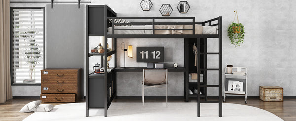 English Elm Metal Loft Bed With Wardrobe, L-Shaped Desk & Storage Cubes - Stylish Space-Saving Queen Solution W1580S00109