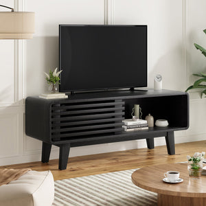 English Elm TV Stand Sleek Mid-Century Console with Sliding Door Storage and Open Shelves for Organized Living Room Black T3623P379948
