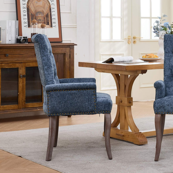English Elm Upholstered Chenille Club Dining Chair Tufted High Back with Curved Solid Wood Legs Blue W1143P449346
