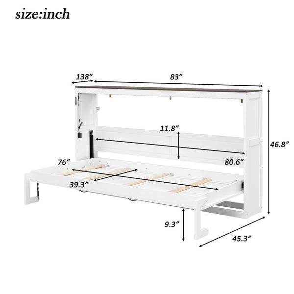 English Elm Twin Size Murphy Bed With Led Light – Stylish Space-Saving Wall Bed In White & Brown Cabinet Design N7090004013K-GIGA
