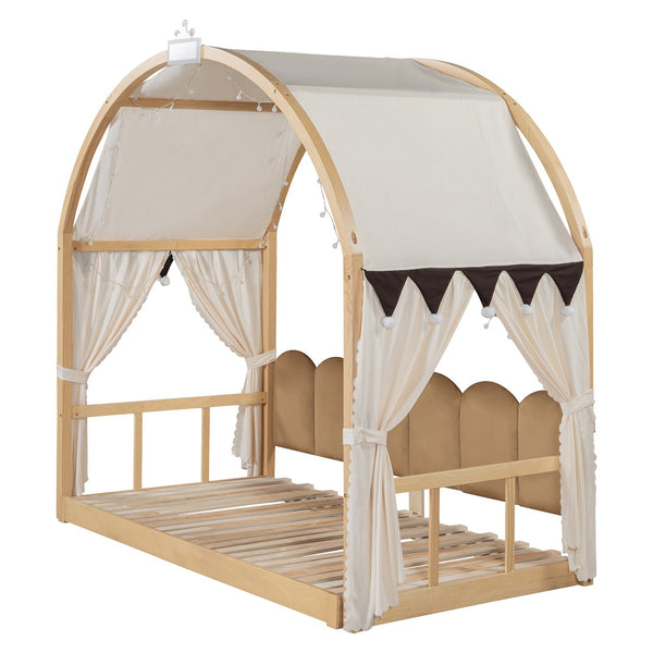 English Elm Twin Pinewood Ground-Level Canopy Bed with Arched Roof and Trundle for Kids—Whimsical, Sturdy Design Natural N820P181648N